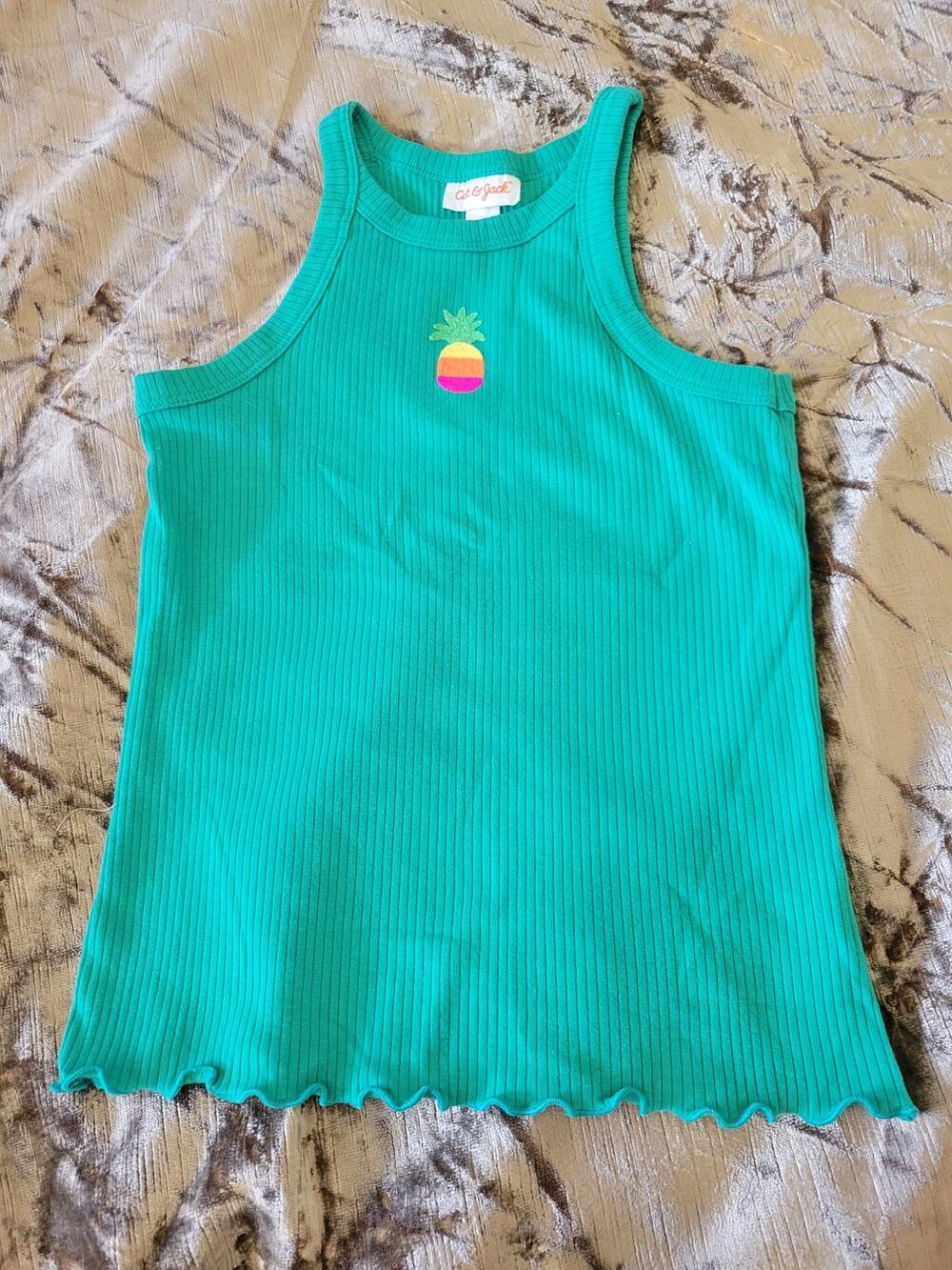​Cat & Jack Girls Green Ribbed Pineapple Tank Top Lettuce Hem Summer Size M 8
